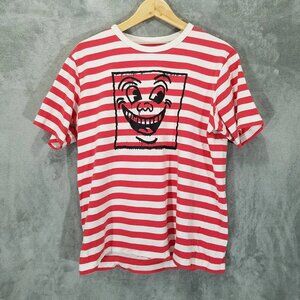Uniqlo x SPRZNY Keith Haring Shirt Mens Large Red White Striped Face Smile